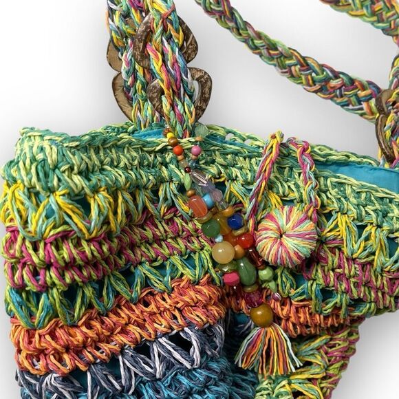 Cappelli Straworld Inc Rainbow Multicolored Boho Straw Woven Shoulder Bag Purse - Picture 7 of 12